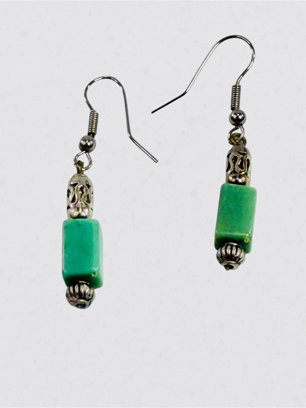 Vintage Boho Silver Turquoise Green Beaded Filigree Dangle Earrings Southwest